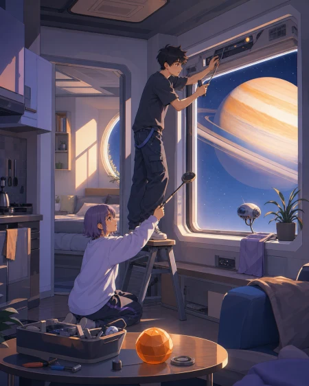Two roommates repairing a window view that is displaying the wrong planet, during a small household inconvenience solved with improvised tools. Observational domestic scene compose