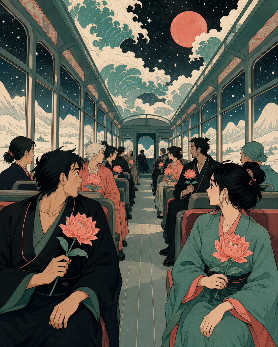 Two adult commuters realizing every passenger has brought the same flower, centered on a small interaction among people who may never meet again. Long interior perspective connecting several quiet passenger stories. Cela