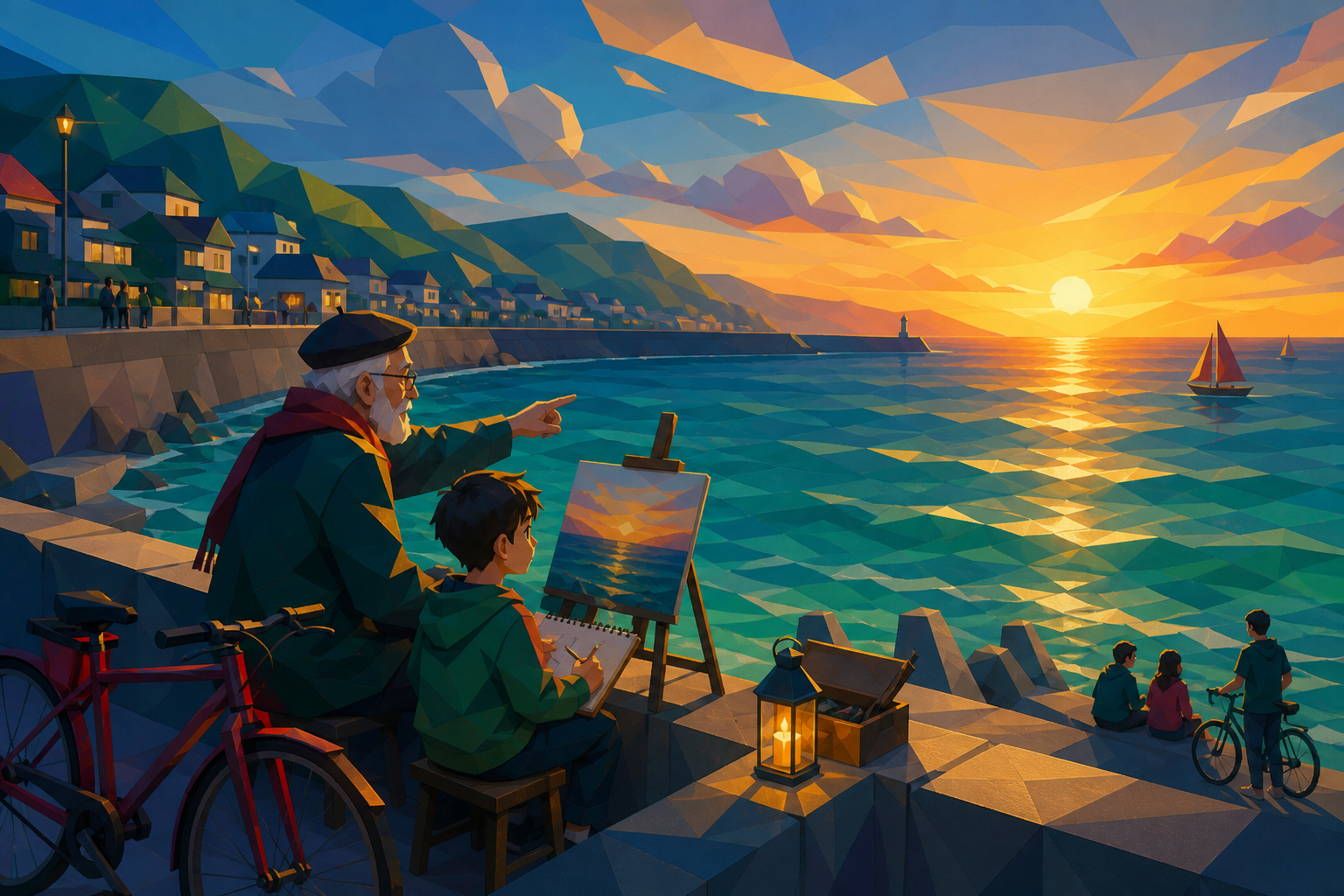 An elderly painter teaching a grandchild to observe the horizon, at sunset after the busiest visitors have gone. Wide coastal frame with people distributed along a clear shoreline. Emerald, stained-glass ruby, lapis, and