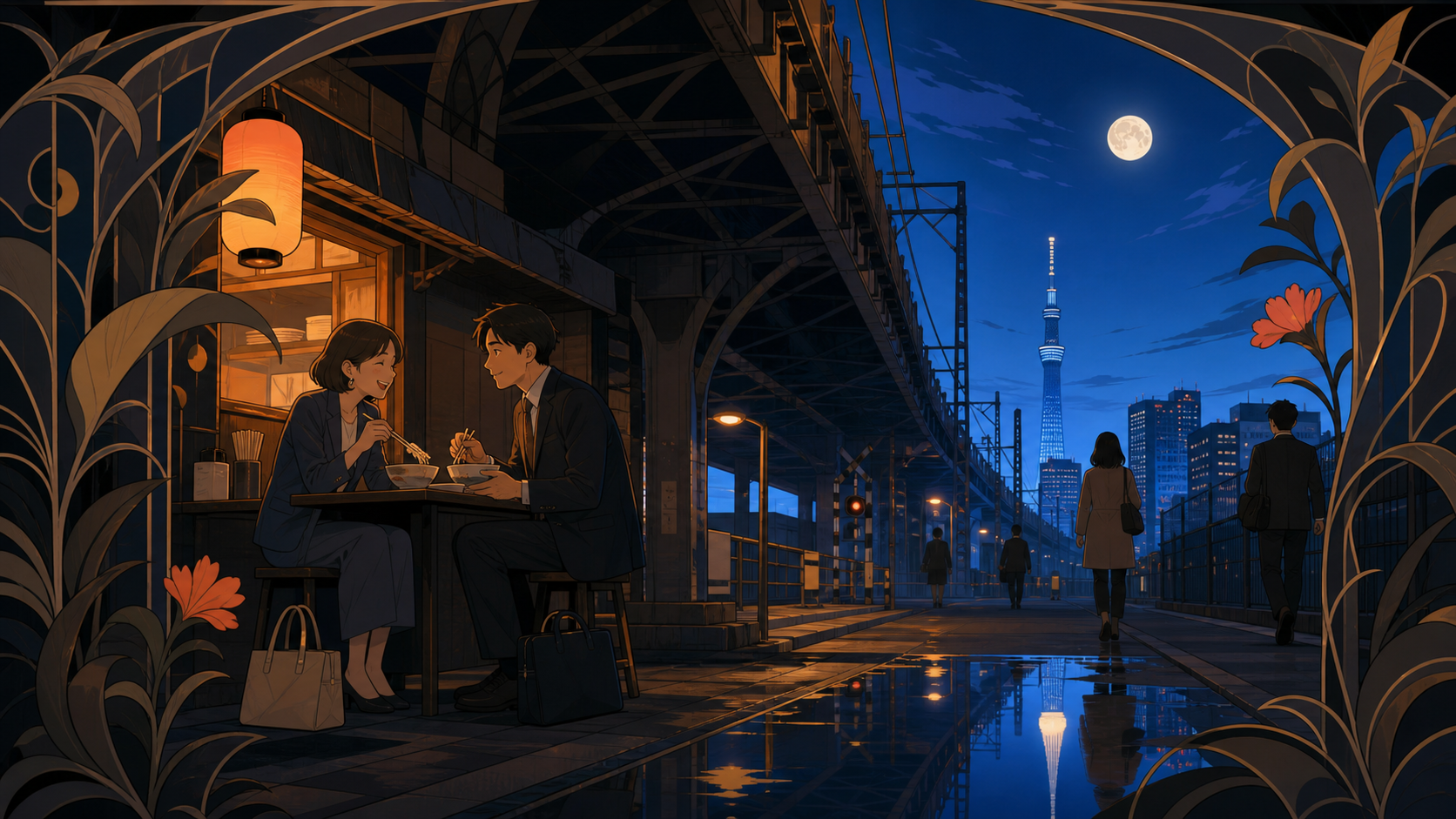 Two office workers sharing late-night noodles beneath an elevated railway, during the blue hour between the final commuters and the morning deliveries. Street-level view with foreground pedestrians and a clear destinatio