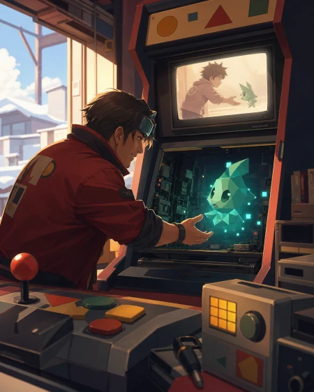 An adult arcade technician coaxing a lost digital creature back into its cabinet, at the exact moment an old recording reveals an unexpected connection. Close counter scene with eq