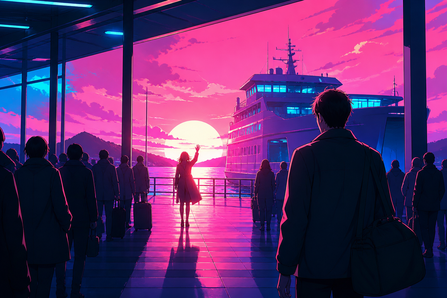 Two adult travelers recognizing one another across a crowded ferry terminal, during a bittersweet transition with the environment carrying the emotion. Observational long shot where one small gesture becomes the focal po