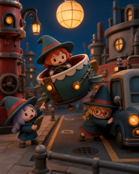 Three tiny witches trying to parallel-park a flying teacup, at the exact moment a clever plan becomes delightfully impractical. Storybook-wide comic tableau with the full problem v