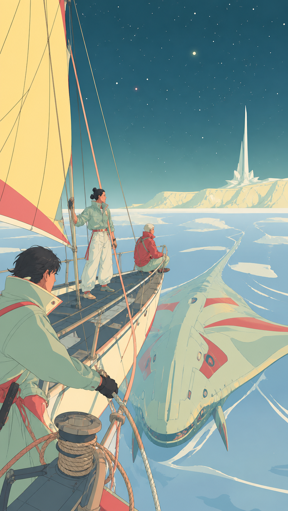 A small research crew sailing beside a vast mechanical manta ray, mid-voyage with practical deck work revealing the crew's relationships. Wide maritime view placing vessel and destination in clear relation. Soft pistachi
