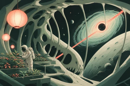 An astronaut tending a greenhouse inside the skeleton of a moon-sized creature, at the calm center of a vast gravitational phenomenon. Expansive widescreen composition with strong 