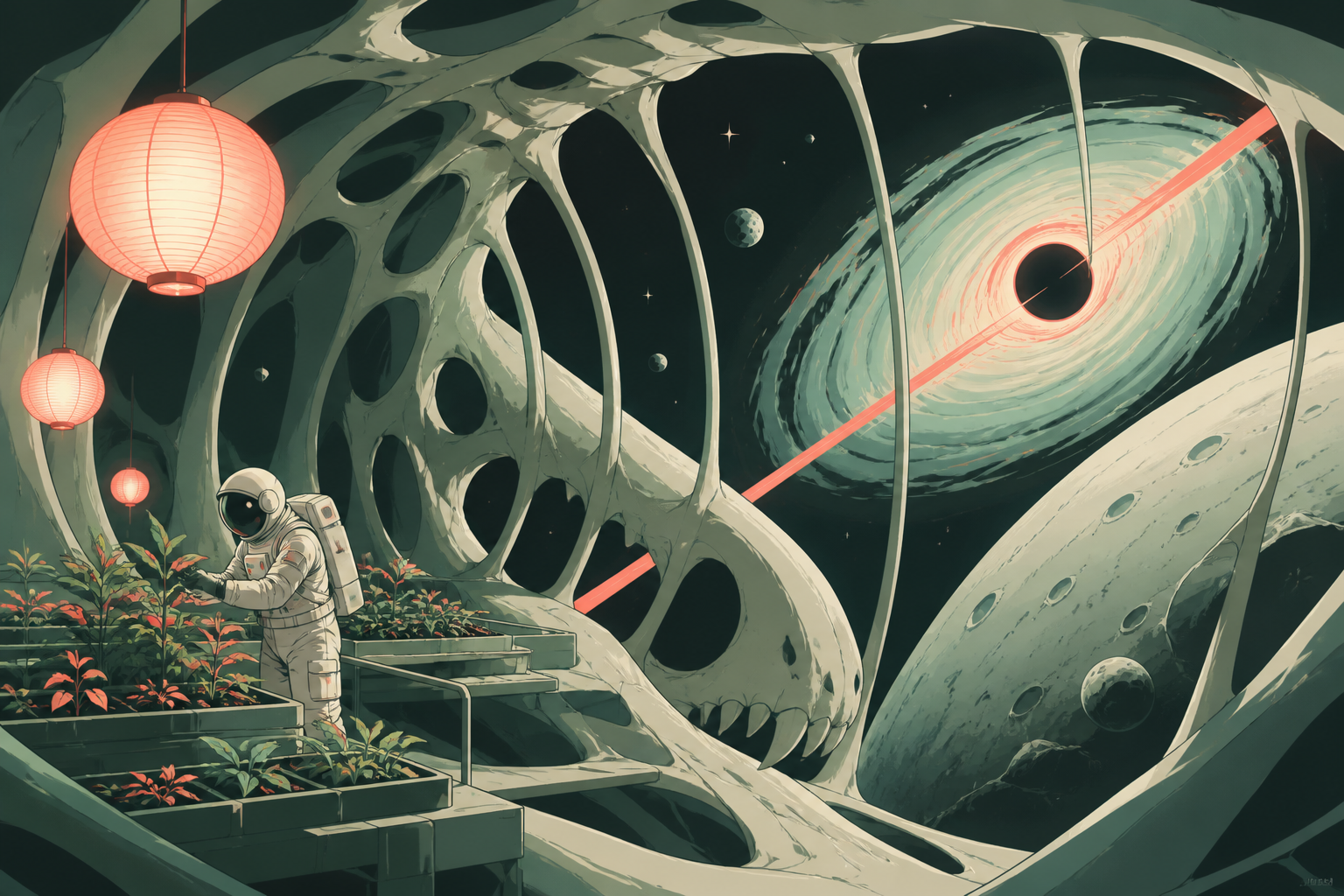 An astronaut tending a greenhouse inside the skeleton of a moon-sized creature, at the calm center of a vast gravitational phenomenon. Expansive widescreen composition with strong negative space. Celadon, coral pink, ink