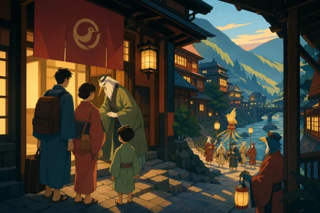 A family arriving at a hillside inn run by courteous bird spirits, as a small seasonal ceremony begins beside the river. Intimate walkway frame with architecture enclosing the char