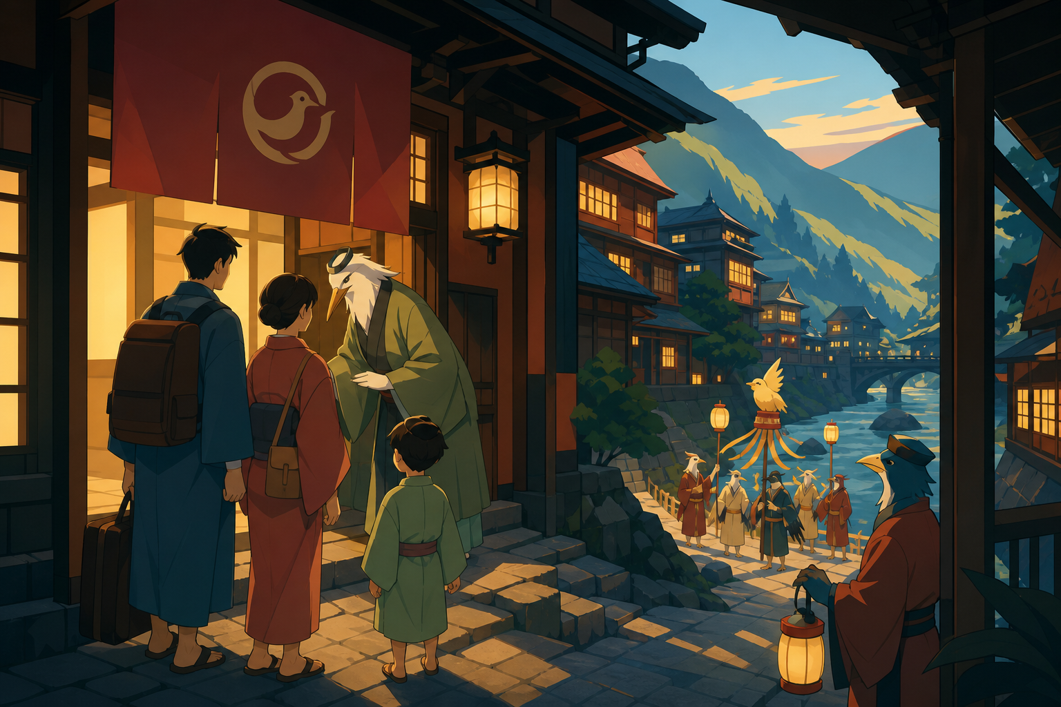 A family arriving at a hillside inn run by courteous bird spirits, as a small seasonal ceremony begins beside the river. Intimate walkway frame with architecture enclosing the characters. Clay red, sage, faded denim, and