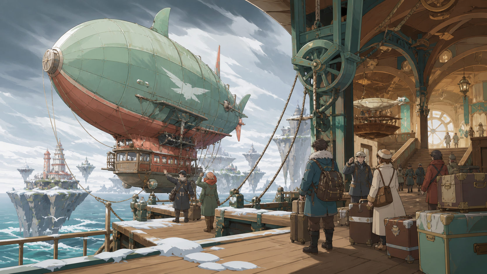 A weather-beaten airship ferry serving remote floating islands, arriving at an extraordinary terminal during difficult weather. Wide travel-poster composition without typography, emphasizing destination and scale. Sea-gl