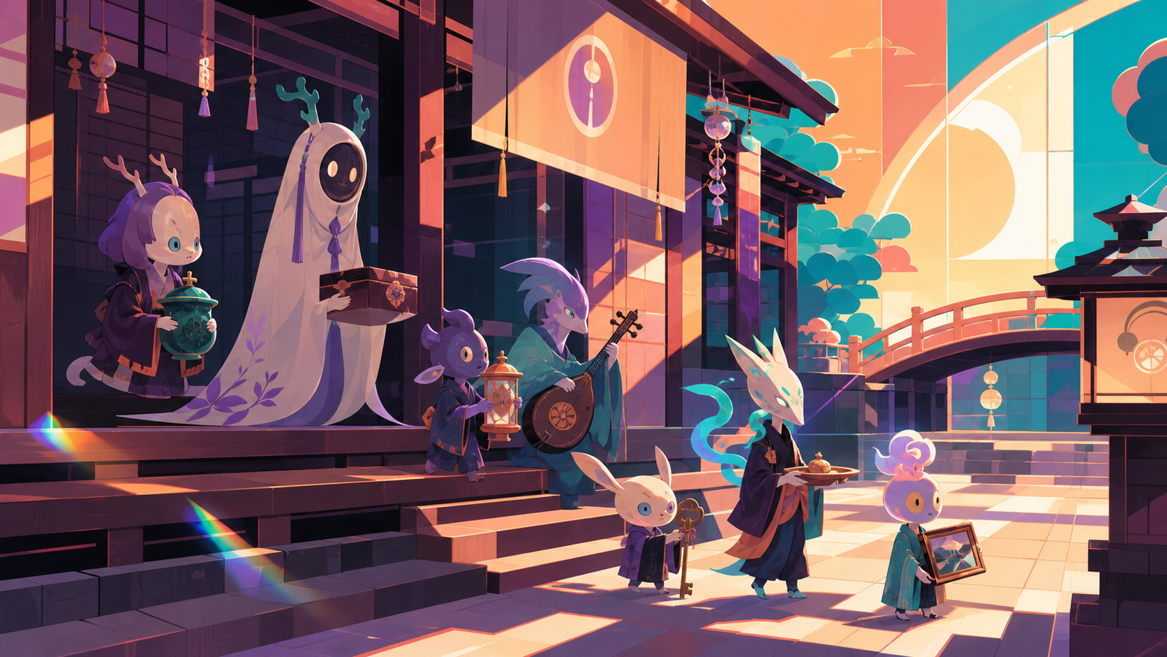 A procession of forgotten household spirits returning borrowed objects, during a quiet festival after all human visitors have gone home. Storybook narrative scene with a clear beginning and implied aftermath. Apricot, or