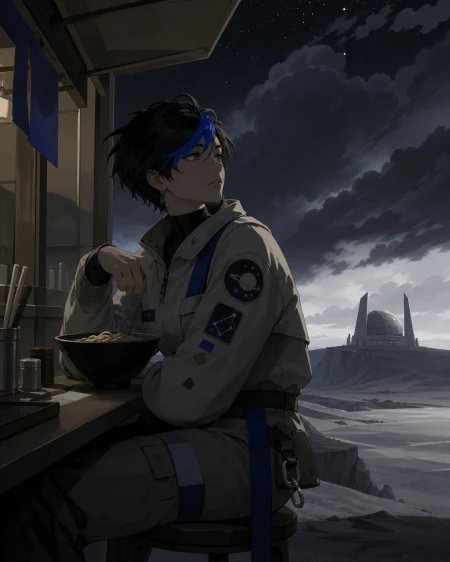 An adult nonbinary astronomer with a patched observatory uniform, waiting at the last open noodle stand before a supernatural storm. Intimate three-quarter view with strong foregro
