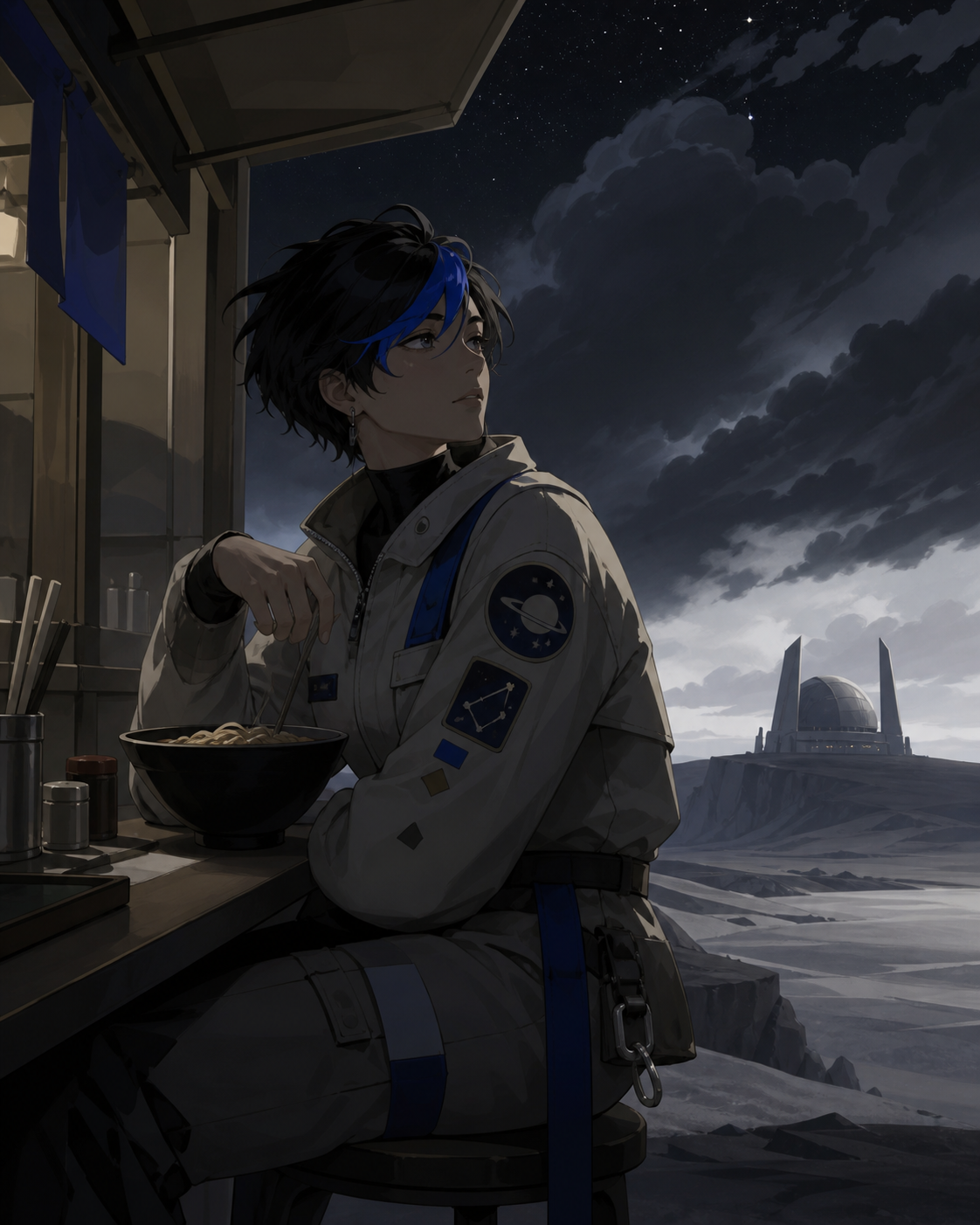 An adult nonbinary astronomer with a patched observatory uniform, waiting at the last open noodle stand before a supernatural storm. Intimate three-quarter view with strong foreground and background layers. Soft monochro