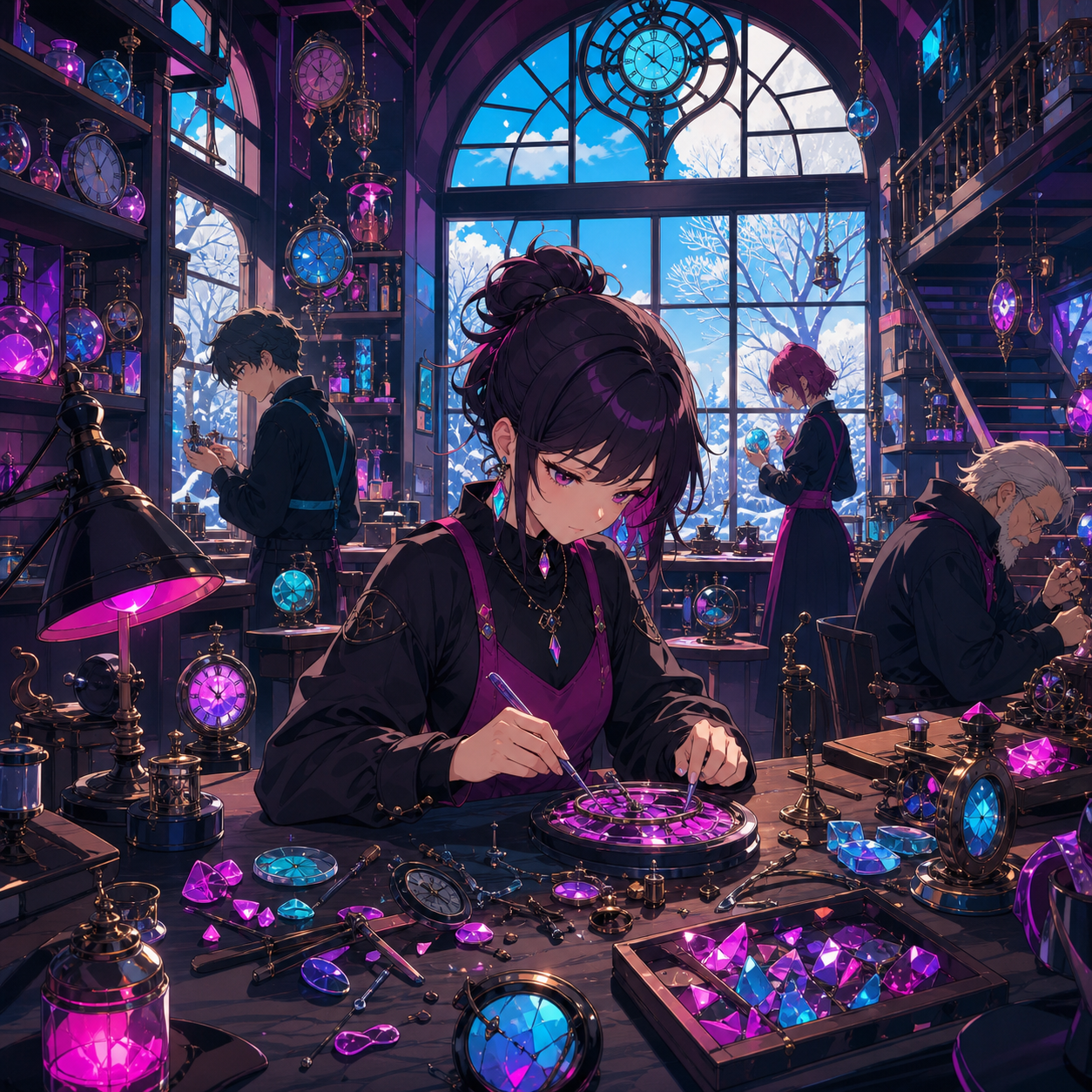 A clock repair shop specializing in broken moments rather than machines, during a busy workday filled with several precise ongoing tasks. Room-wide workshop view organized around a strong central craft action. Saturated 