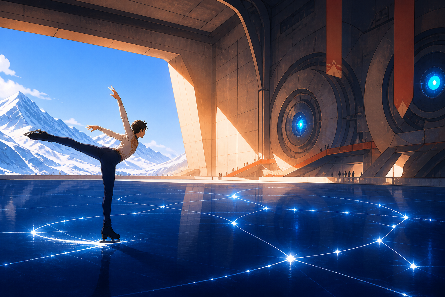 An adult figure skater tracing luminous constellations across black ice, frozen at the instant of greatest balance and momentum. Bold diagonal action composition with ample space ahead of the movement. Cobalt, persimmon 