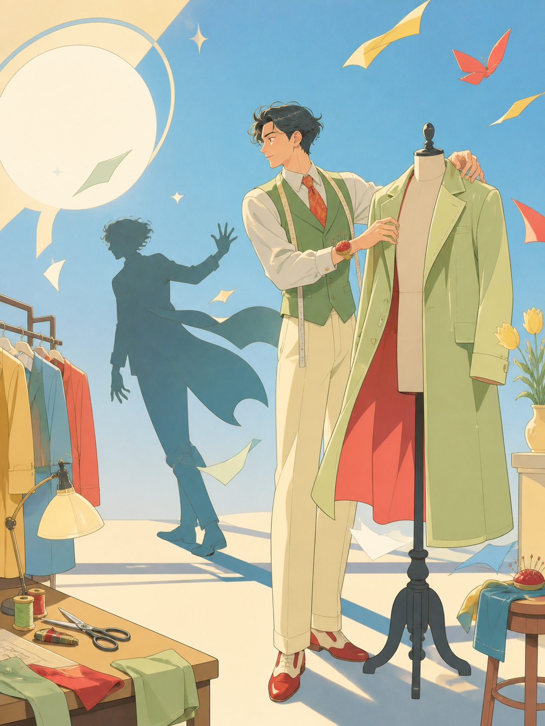 An adult designer fitting a formal coat whose shadow moves independently, inside a clean studio where every garment has a distinct silhouette. Full-body editorial frame with generous negative space. Soft pistachio, butte