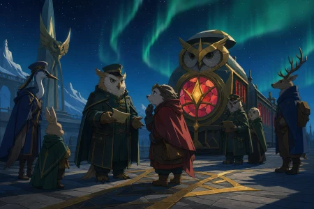 A railway station operated by solemn owl-like conductors, as a minor civic problem brings several personalities together. Busy civic tableau with one central interaction guiding th