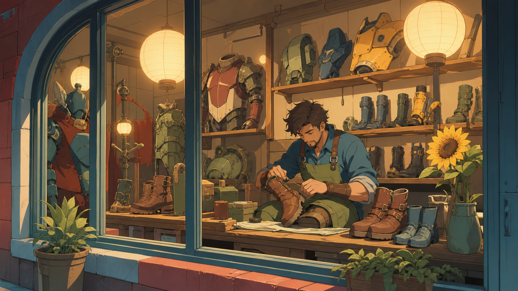 A cobbler repairing boots worn thin by journeys through dreams, at opening time as unusual merchandise is arranged for the day. View from outside the window into a warmly arranged interior. Clay red, sage, faded denim, a