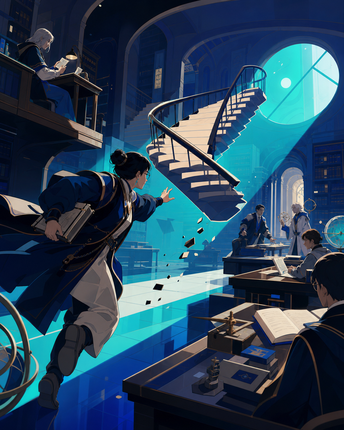 A university librarian chasing a misplaced staircase through the archives, as collaboration replaces an initially competitive mood. Library perspective following a visual trail through several study zones. Ultramarine, b
