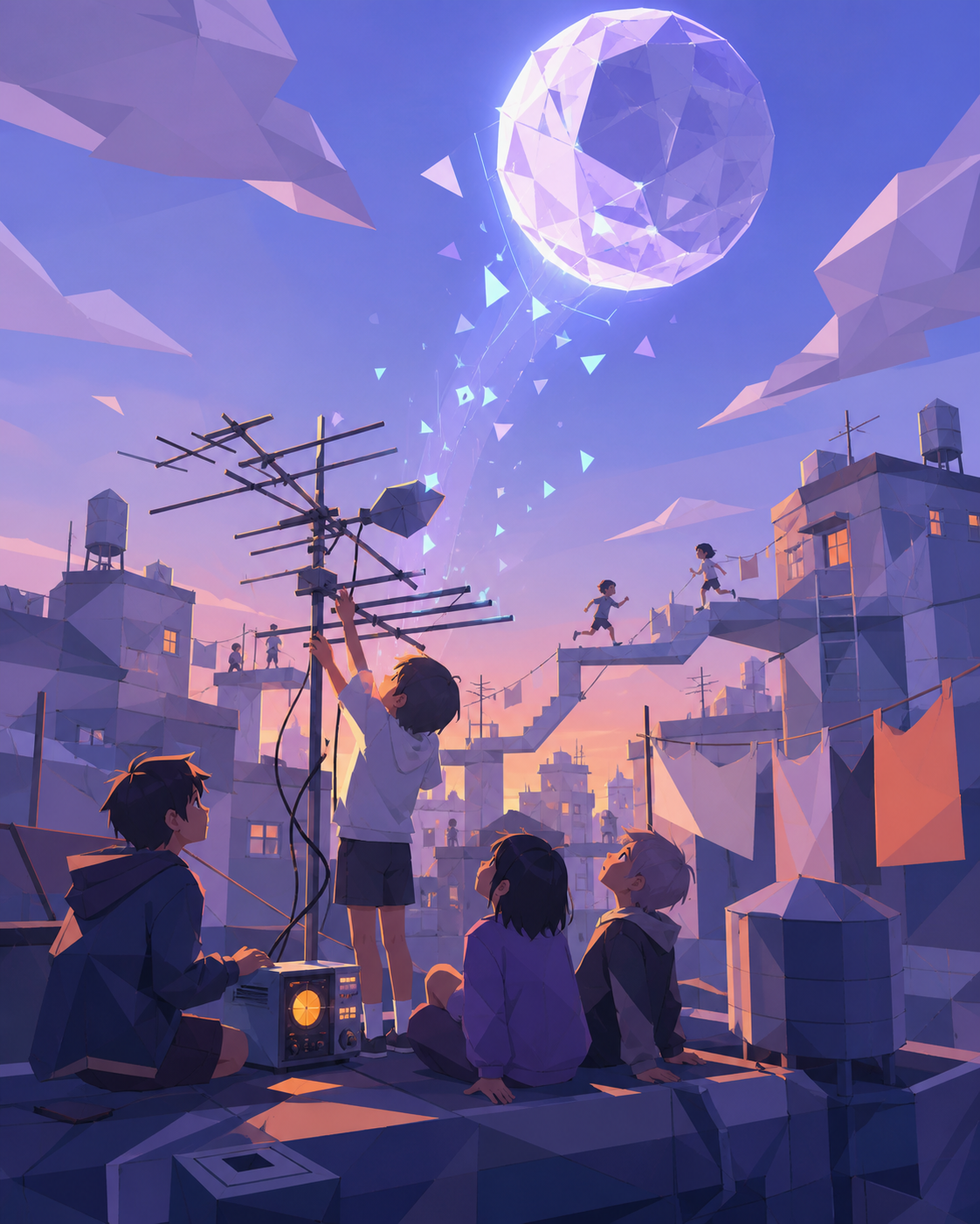 Children discovering that apartment antennas receive messages from the moon, during sunset as rooftops briefly connect into hidden pathways. Low intimate view with the supernatural element rising behind the group. Pale l