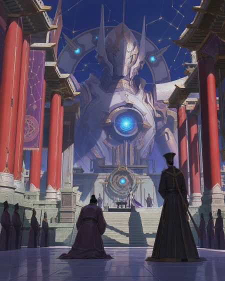 A celestial general confronting a rebel constellation, as an impossible visitor interrupts a humble daily routine. Formal court tableau centered on a tense mortal-spirit negotiatio