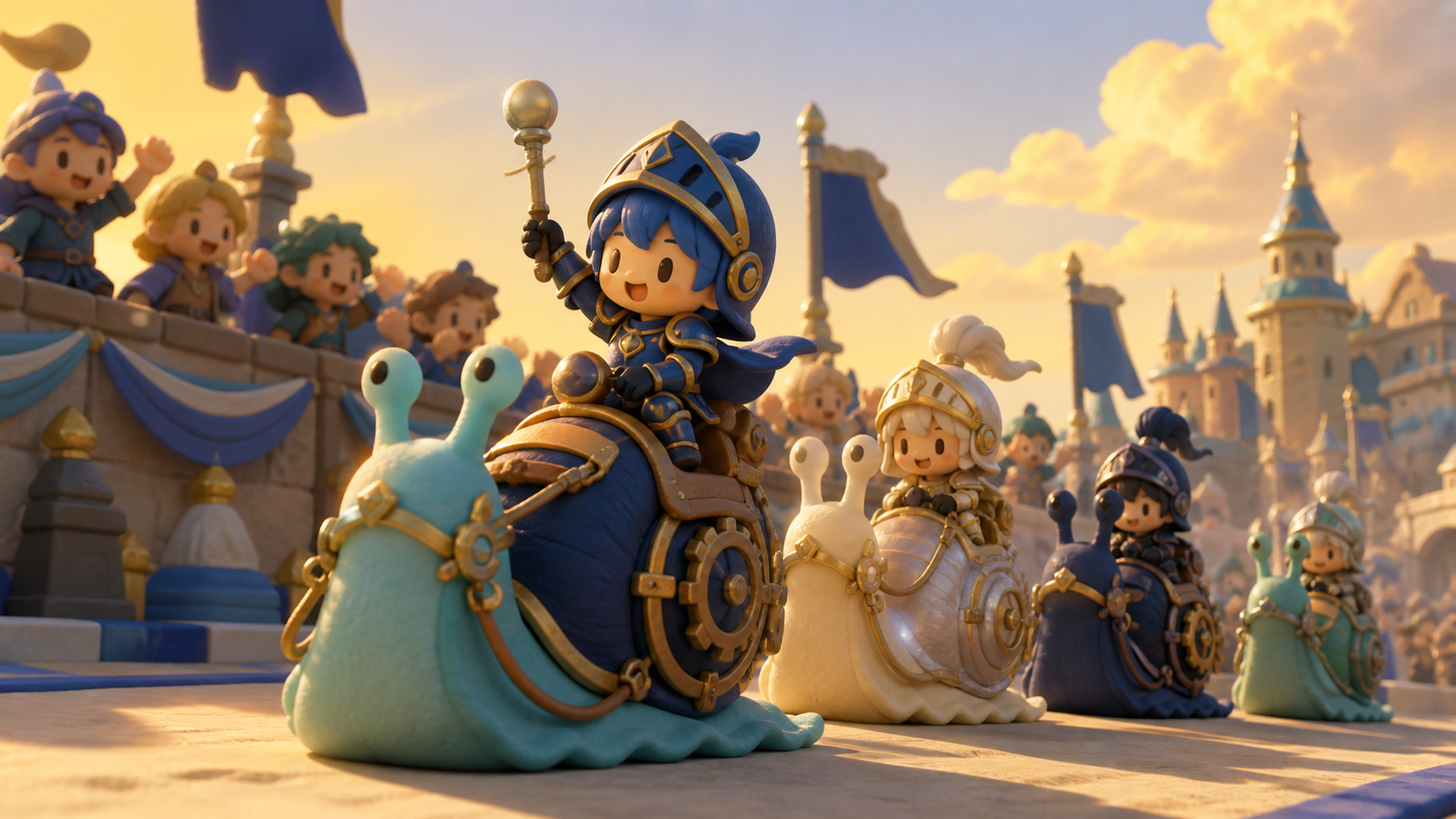 Chibi knights competing on oversized clockwork snails, at a joyful regional tournament rather than a dangerous battle. Dramatic front three-quarter frame with several competitors behind. Ultramarine, bioluminescent turqu