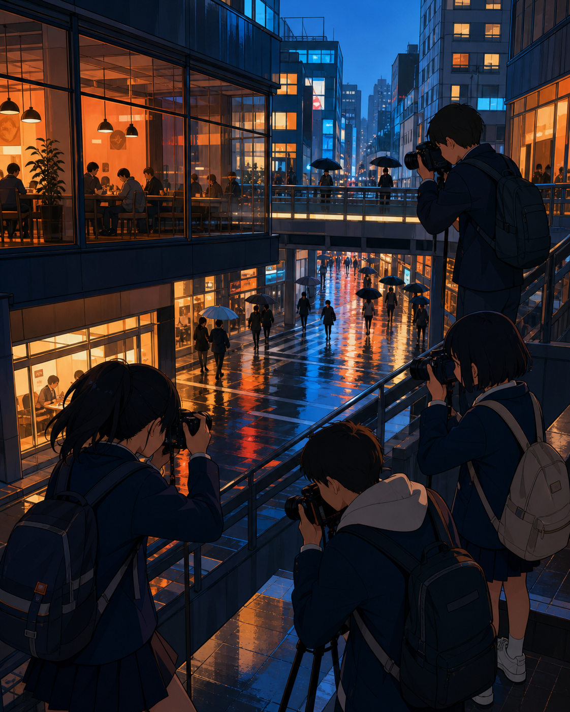 A middle-school photography club documenting unusual reflections, on a rainy evening defined by clean reflections and warm shop windows. Compressed telephoto composition layering several blocks of city life. Cobalt, pers