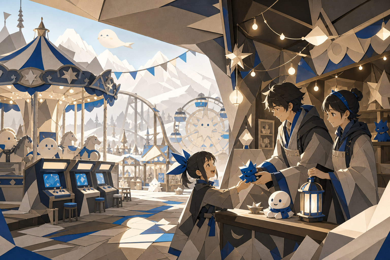 A family operating a tiny traveling carnival for friendly spirits, during a joyful evening built from lights, rides, and small relationships. Wide park panorama anchored by one relationship in the foreground. Soft monoch