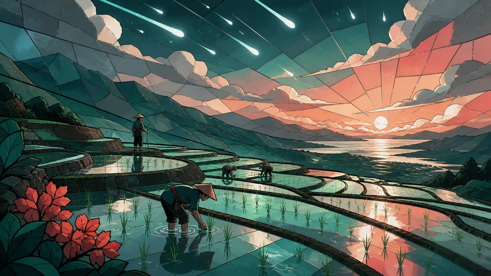Terraced rice fields reflecting a meteor shower during planting season, with sparse human activity grounding an otherwise expansive landscape. Tranquil landscape panorama with a strong foreground-to-distance rhythm. Sea-