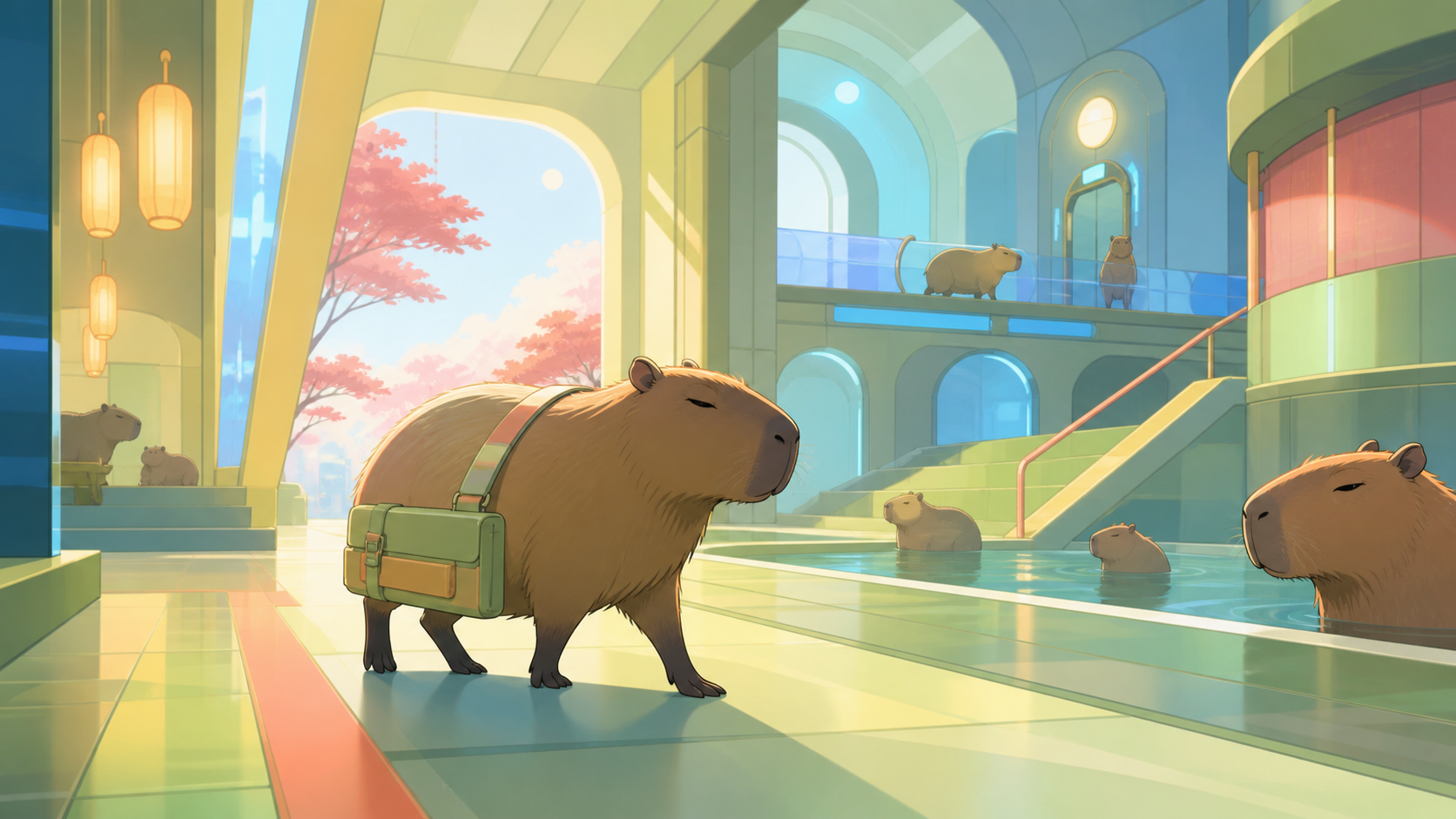 A capybara commuting calmly through a futuristic bathhouse, at a seasonal transition that changes the community routine. Low animal-height perspective through a functional environment. Soft pistachio, butter yellow, powd