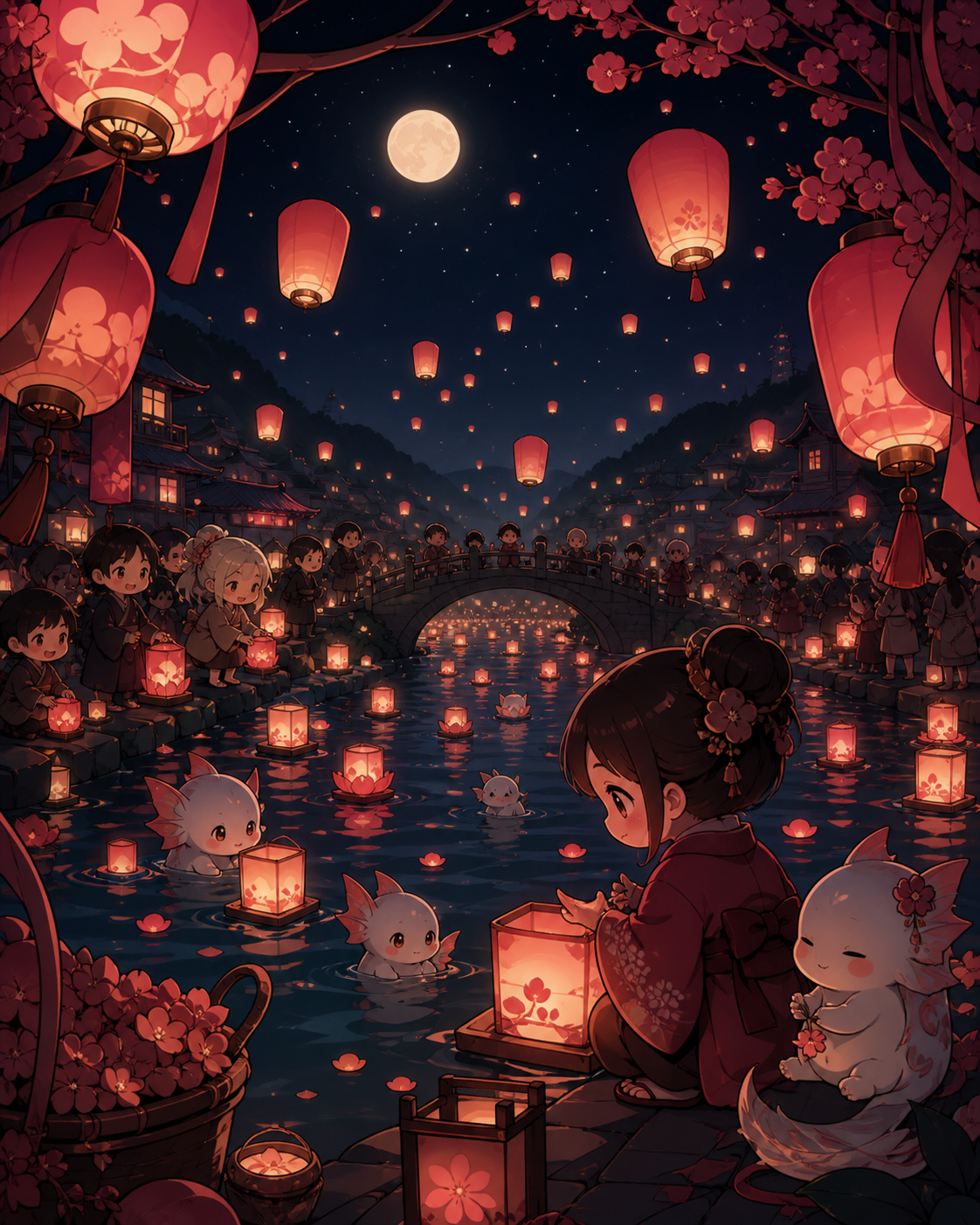 A river lantern festival attended by humans and shy water spirits, during the final hour when decorations begin drifting into the sky. Layered festival tableau framed by decorations close to the viewer. Crimson, black ch