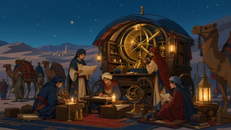 A desert caravan of scholars carrying a mobile brass observatory, during ordinary work rather than a royal ceremony or battlefield. Painterly historical scene centered on work, pla