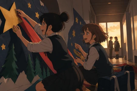 Best friends racing to finish a handmade festival display, during a quiet moment when a friendship visibly changes. Corridor perspective leading toward one small discovery. Pine bl