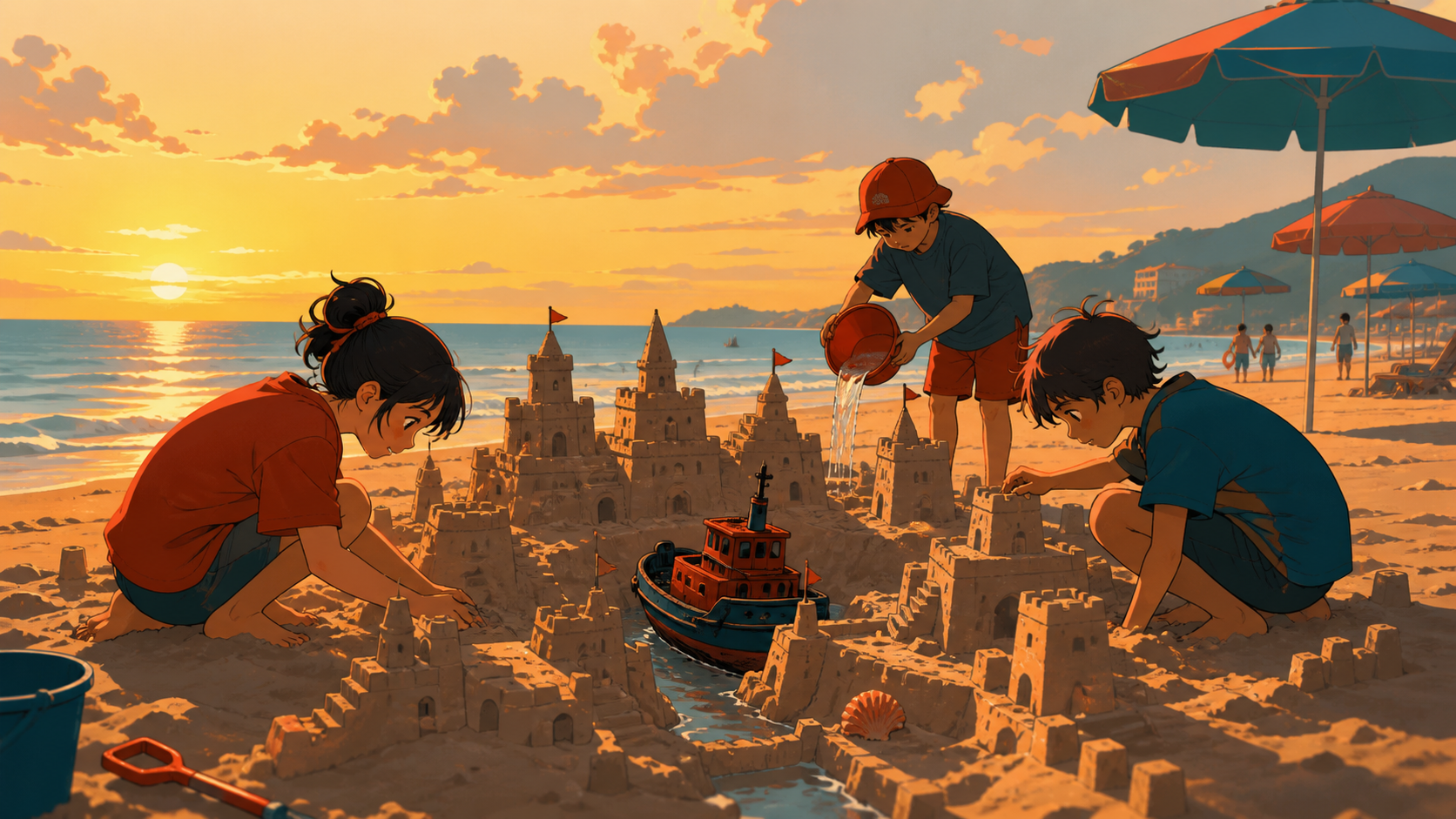 Children building an elaborate sand city around a stranded toy boat, at sunset after the busiest visitors have gone. Wide coastal frame with people distributed along a clear shoreline. Petrol blue, oxide red, industrial 