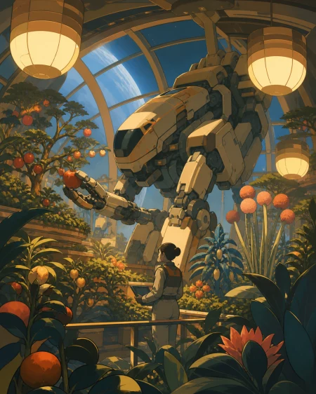 A greenhouse spacecraft tending the last orchard from Earth, during a routine caretaking task that reveals the scale of the ecosystem. Lush environmental composition with technolog