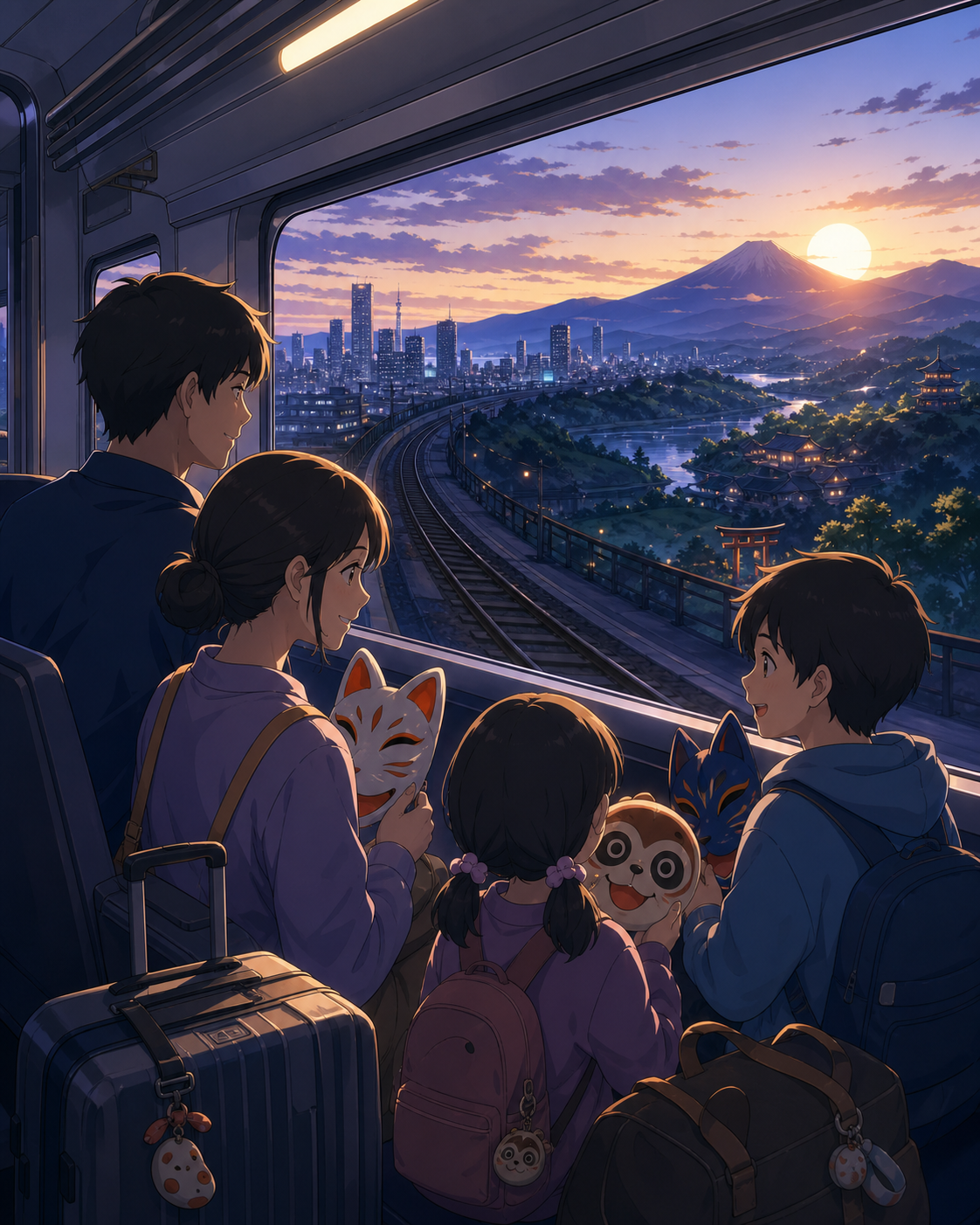A family carrying festival masks onto the final train home, as the route crosses from a modern city into an enchanted countryside. Exterior travel vista following the railway through varied terrain. Pale lavender, icy bl
