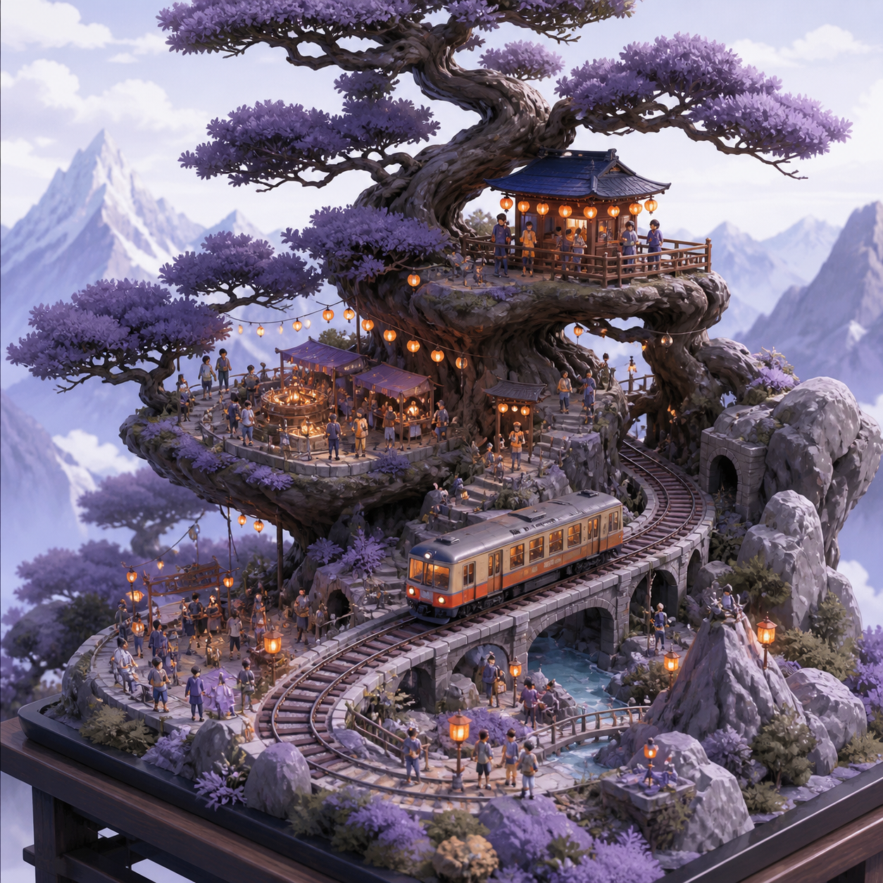 An alpine railway winding through the branches of an ancient bonsai, during a miniature festival full of delicate points of light. Isometric-like miniature vista with multiple readable zones of activity. Pale lavender, i