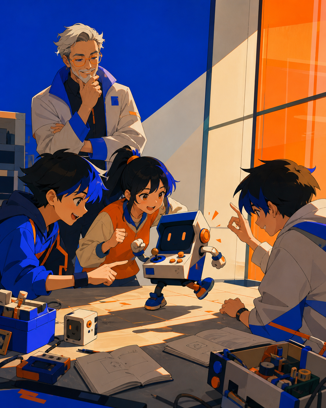 Young coders teaching a tiny arcade mascot to dance, as an older mentor realizes the students solved the problem differently. Workbench-wide scene showing builders, invention, and result. Cobalt, persimmon orange, warm c