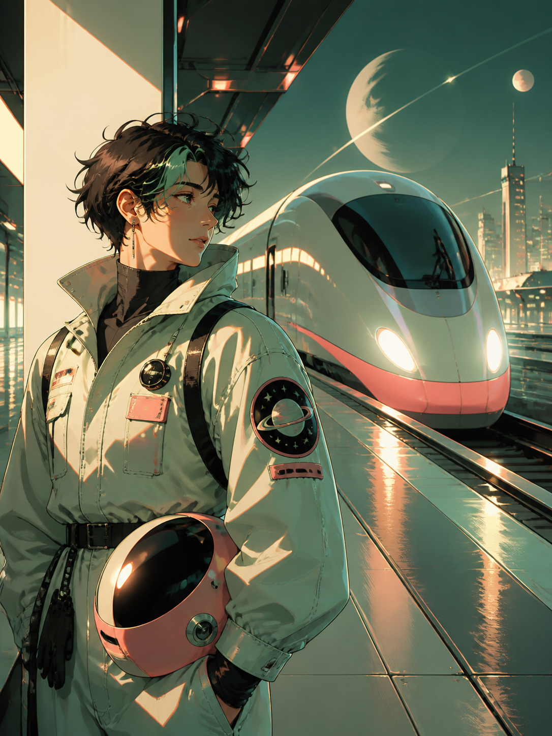 An adult nonbinary astronomer with a patched observatory uniform, pausing alone on a rain-swept platform while an impossible train arrives. Intimate three-quarter view with strong foreground and background layers. Celado