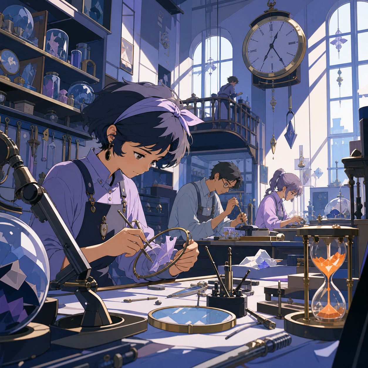 A clock repair shop specializing in broken moments rather than machines, during a busy workday filled with several precise ongoing tasks. Close observational composition layered with tools in foreground and active work b