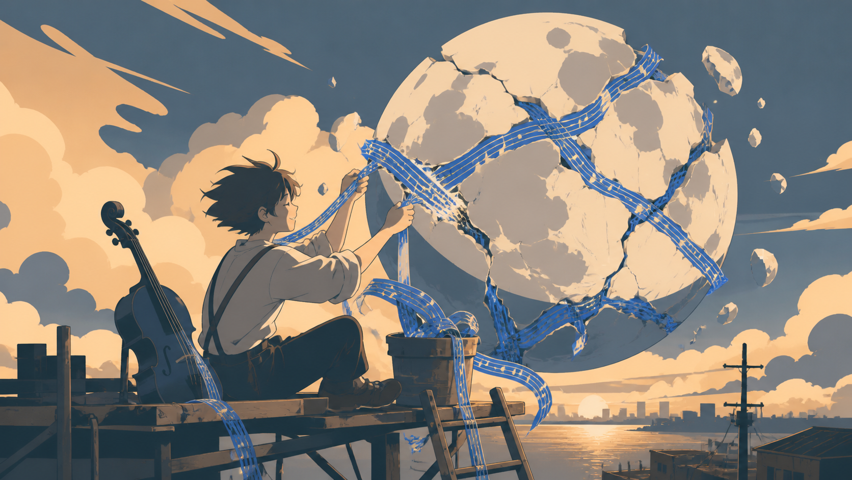A musician repairing a broken moon with strips of melody, expressing one emotion through a single concrete visual idea. Intimate character view connected to a larger surreal environment. Soft monochrome with a single sat
