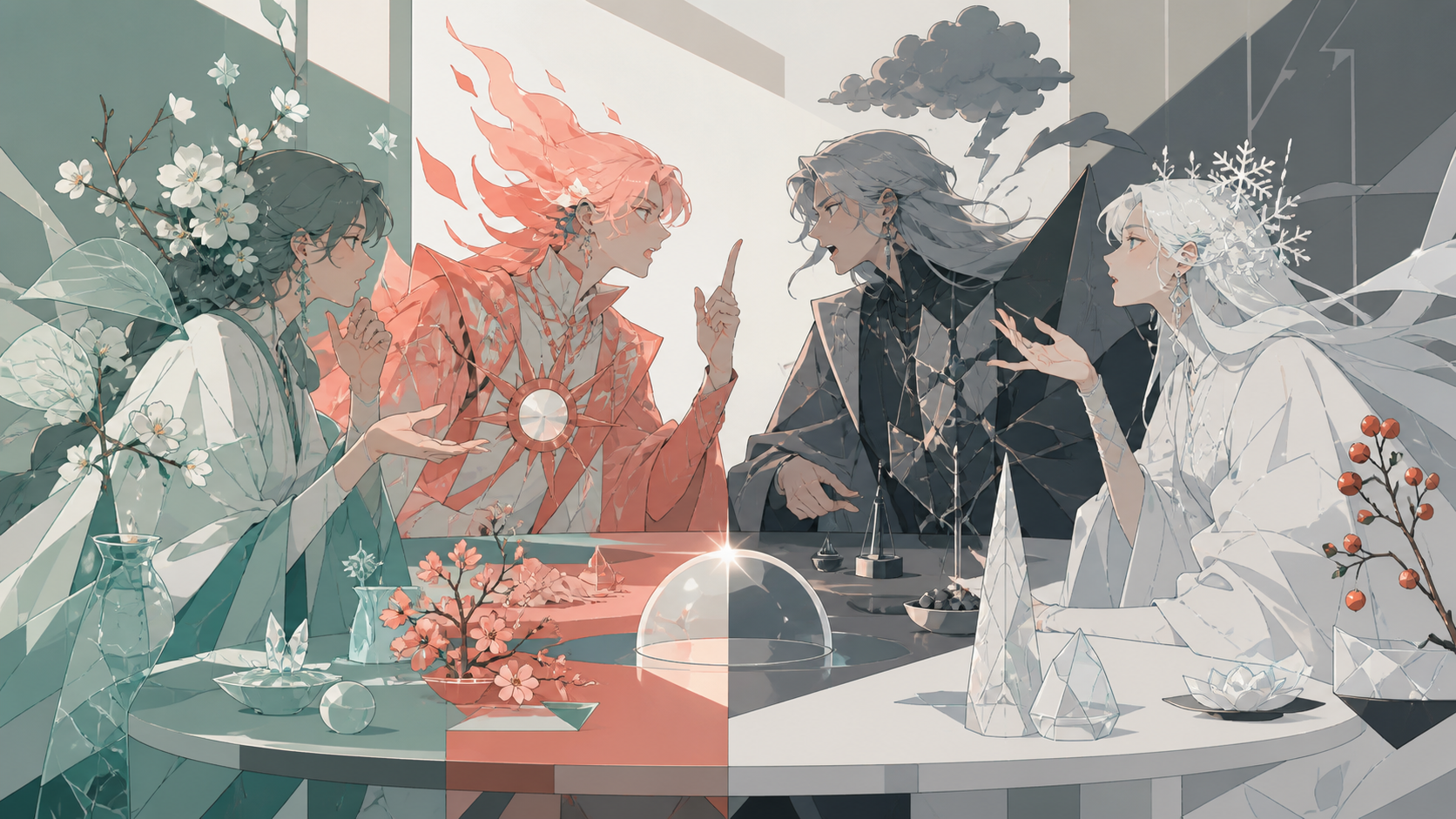 The four seasons arguing around a kitchen table through symbolic forms, built from layered symbolic objects that reward close inspection. Carefully staged surreal tableau with a single unmistakable focal point. Sea-glass