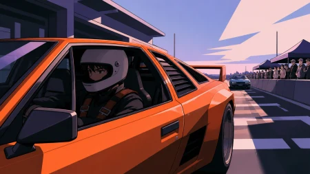 A quiet driver waiting at the start line inside a vivid retro sports car, during a legal night event with spectators safely behind barriers. Starting-grid composition centered on d