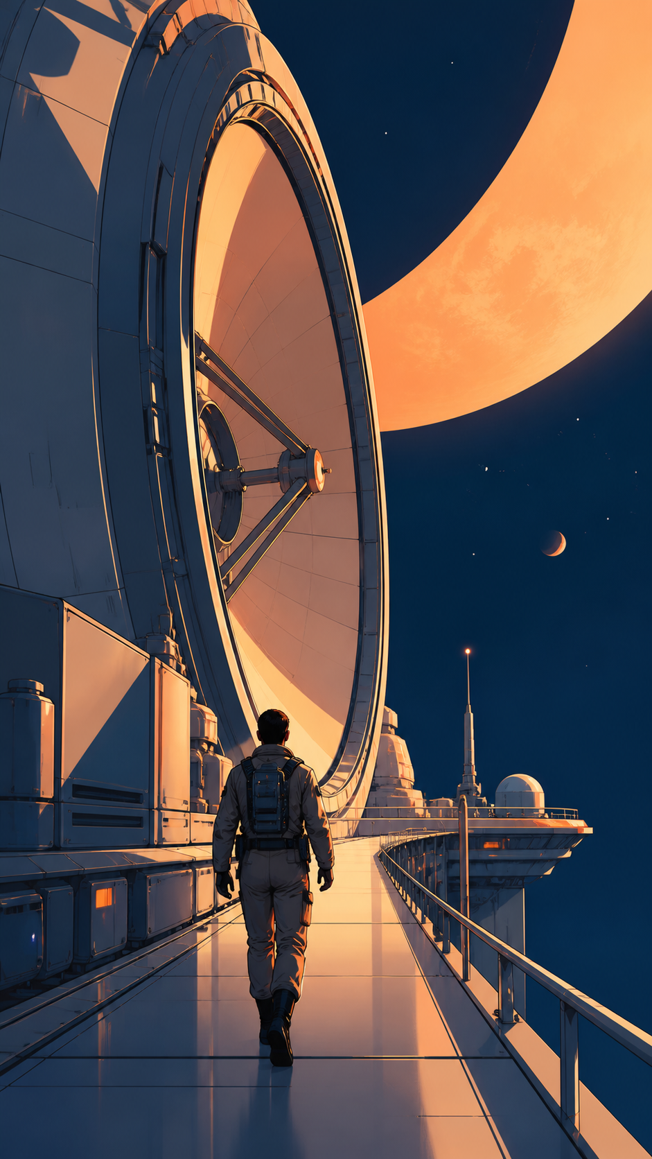 An adult engineer walking across the exterior of a city-sized telescope, with vast space balanced by practical human-scale machinery. Helmet-level view toward the destination across a large structure. Sun-bleached peach,