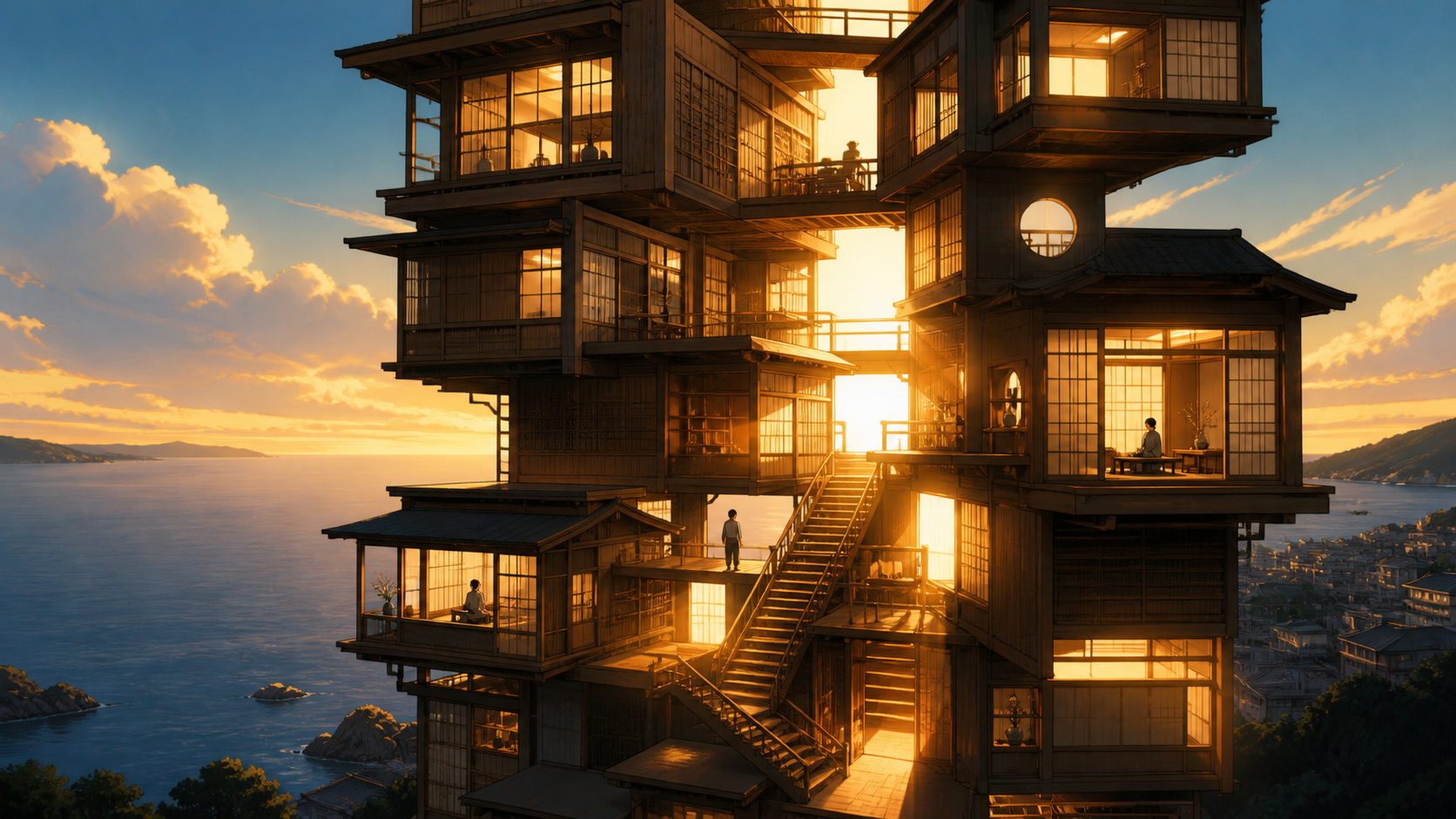 A seaside apartment tower assembled from stacked traditional tea houses, as sunlight passes through it in physically impossible directions. Dramatic vertical composition emphasizing scale and impossible geometry. Amber, 
