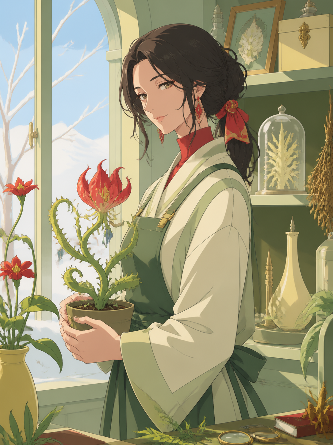 An adult woman florist who quietly cultivates supernatural plants, surrounded by a few objects that quietly reveal their history. Intimate waist-up portrait with unusual negative space and environmental context. Soft pis