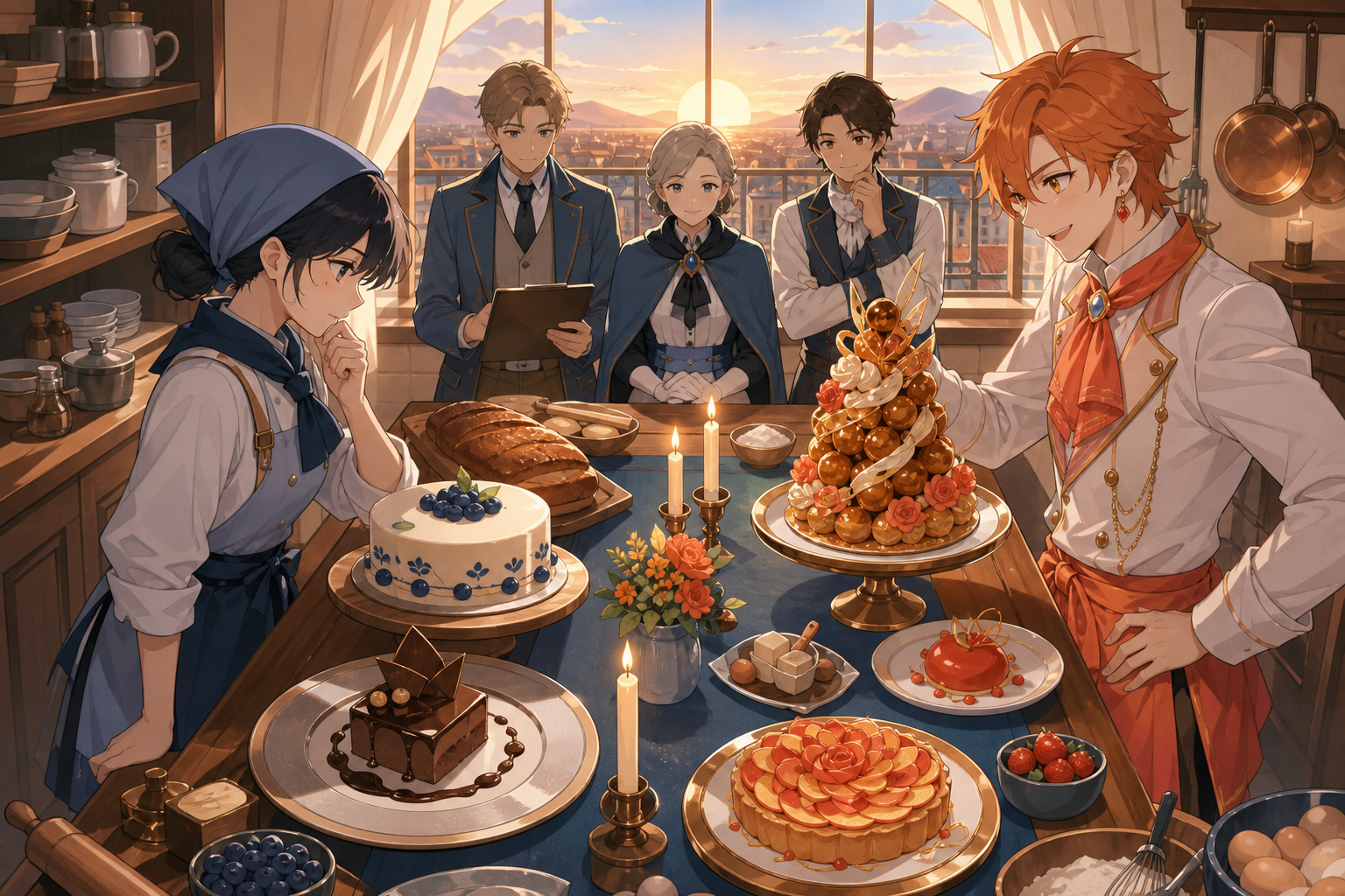 A quiet baker facing a flamboyant pastry champion at sunrise, during a supervised contest centered on craft rather than aggression. Overhead-leaning composition comparing several finished dishes. Amber, walnut brown, rai