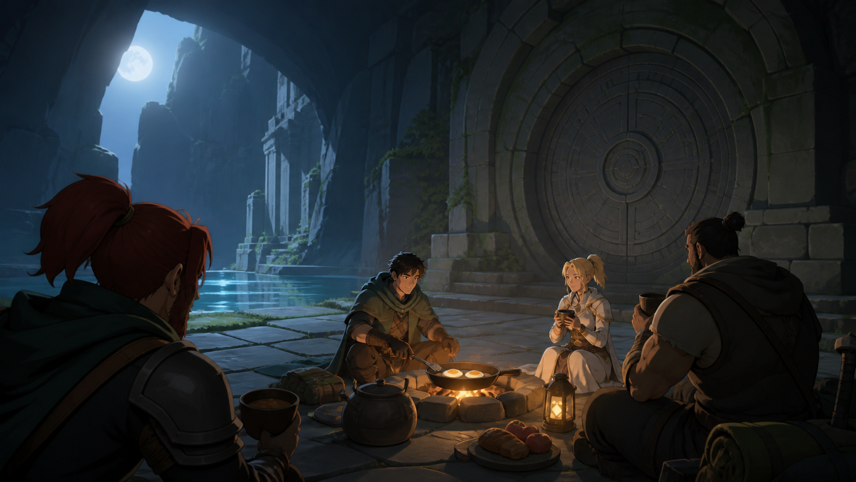 An adult adventuring party cooking breakfast outside a sealed ancient vault, between major dangers during a practical human-scale task. Over-the-shoulder discovery frame revealing a large navigable space. Moss green, sla