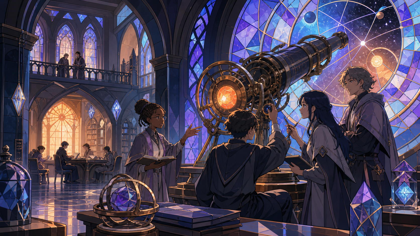 Adult astronomy students calibrating a telescope that observes possible futures, as collaboration replaces an initially competitive mood. Library perspective following a visual trail through several study zones. Pale lav