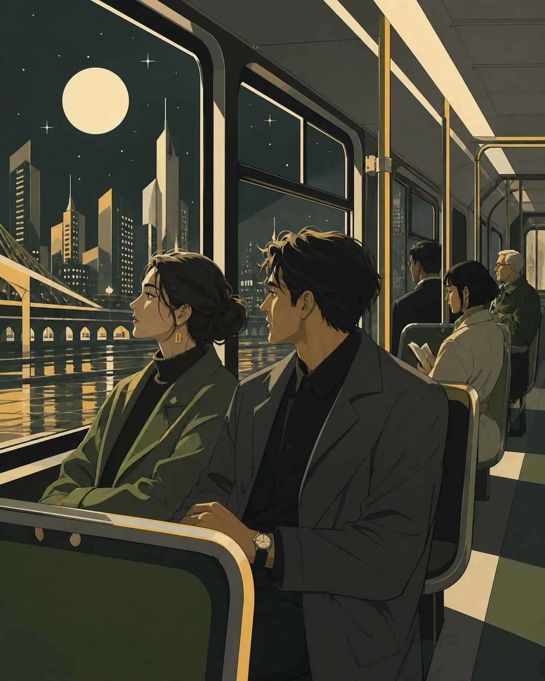 Adult strangers sharing the final tram through a city under artificial stars, centered on a small interaction among people who may never meet again. Window-side two-person composition with the journey visible beyond. Mos