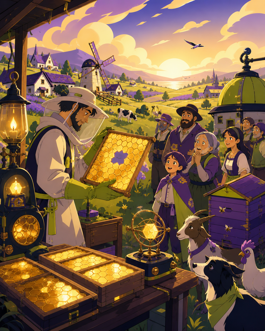 An adult beekeeper tending geometric honeycombs that store summer sunlight, when one small natural irregularity becomes a village event. Wide pastoral scene with work activity guiding the eye across the land. Acid lime, 